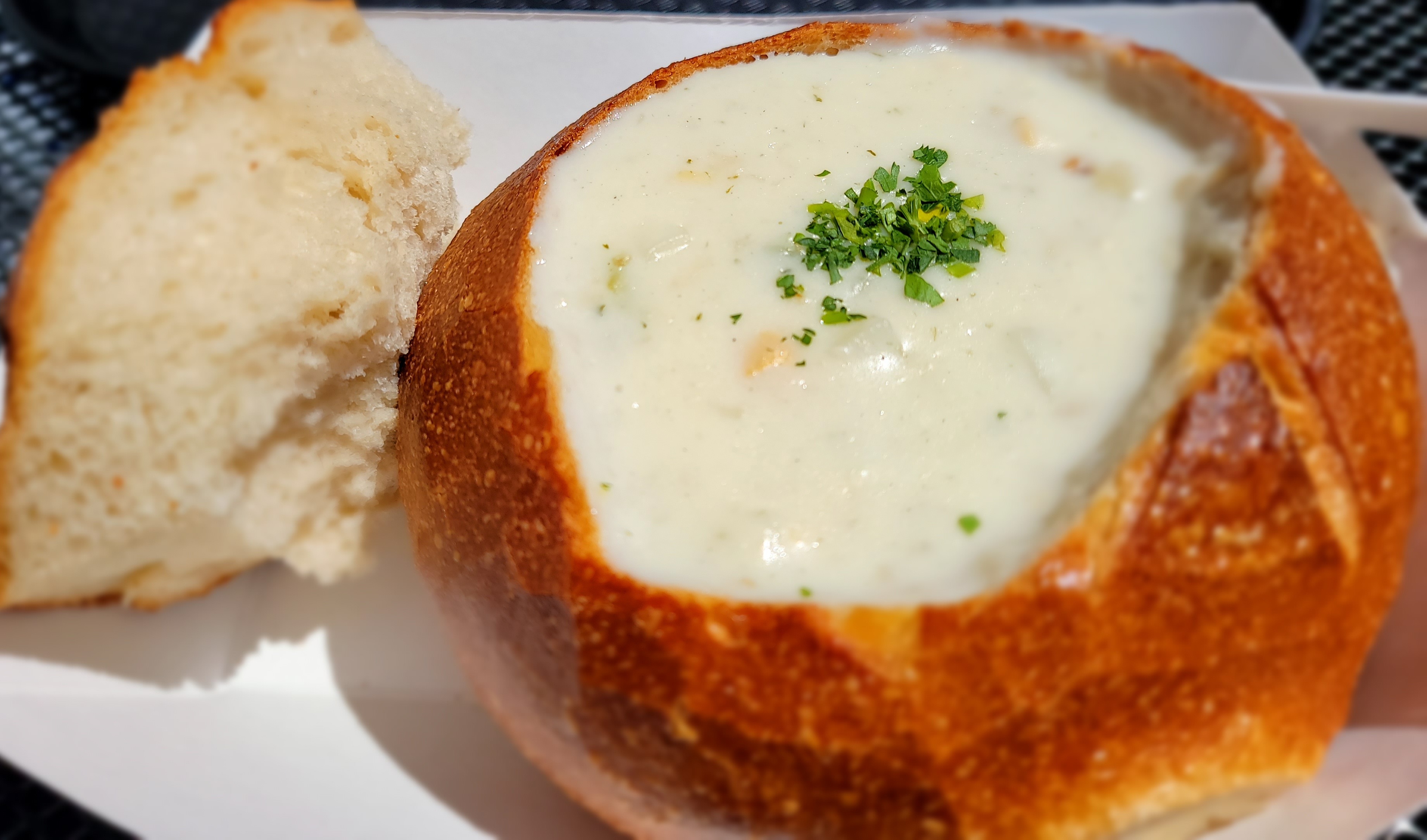 Sourdough bowls enhance delicious clam chowder